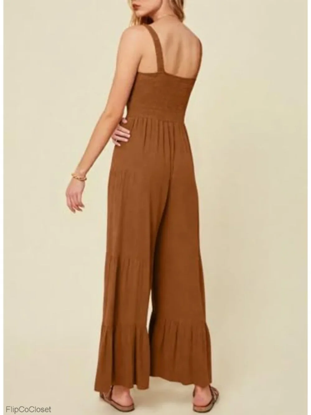 Womens Sleeveless Smocked Jumpsuit Ruffle Wide Leg Flowy Romper Summer